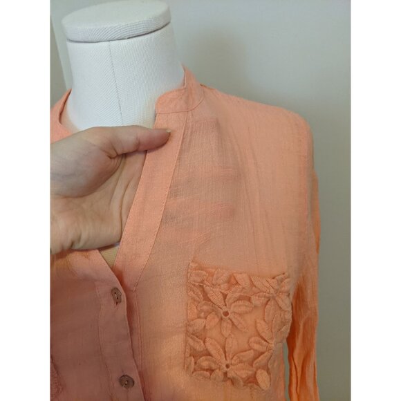 Womens Peach Orange Button Up Blouse Lace Panel Lagenlook Boho Sheer Pastel M - Picture 8 of 11